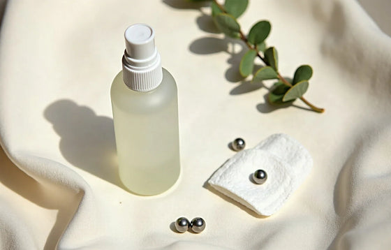 Piercing aftercare — sterile saline spray, cotton pads and titanium studs on cream linen