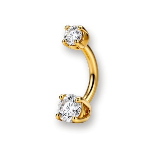 Gold belly button ring, double CZ curved barbell — PVD gold on titanium, Aurea