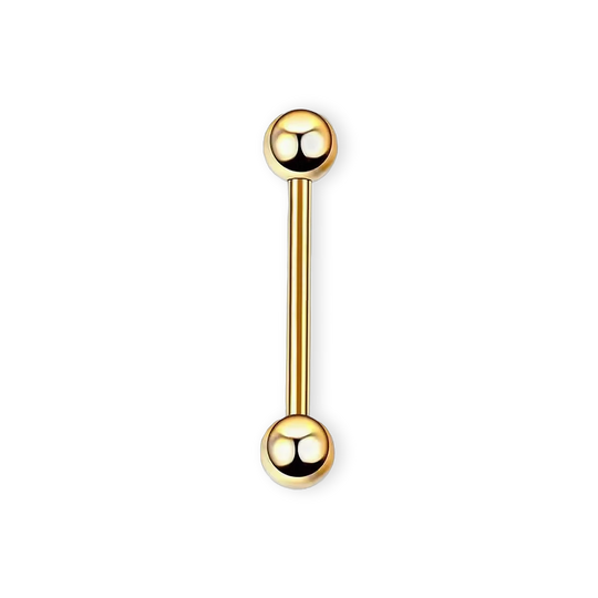 Gold PVD titanium tongue barbell, 14G straight bar with screw-on balls — nickel-free, Aurea