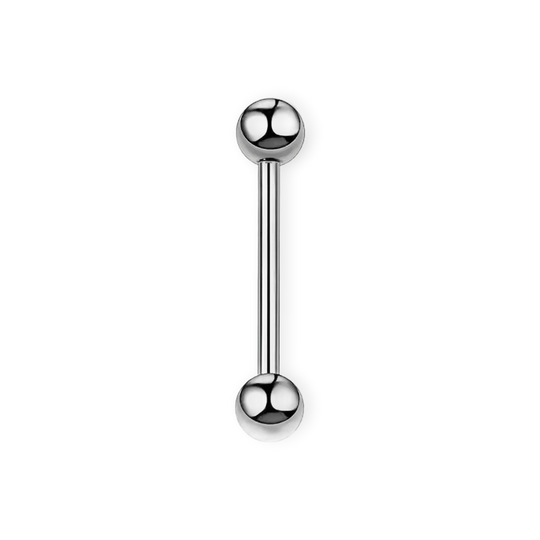 Silver titanium tongue barbell, 14G straight bar with screw-on balls — nickel-free, Aurea