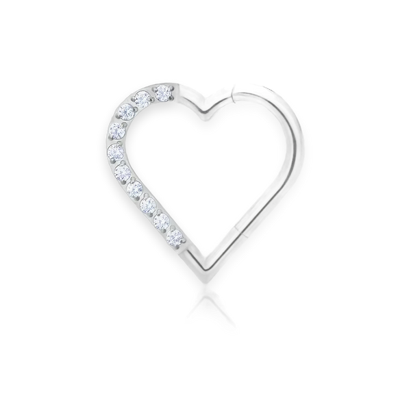 Silver titanium daith heart clicker, cubic-zirconia pavé — left version, hinged 16G, nickel-free, Aurea