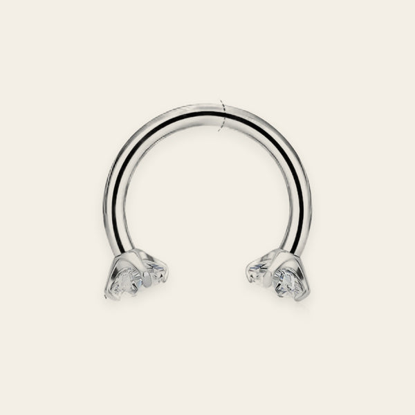 Silver titanium septum horseshoe, prong-set cubic-zirconia ends — 16G open circular barbell, nickel-free, Aurea