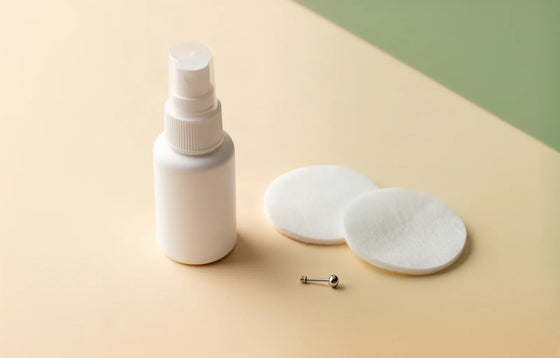 Saline spray, soft cotton pads and a titanium stud laid out for piercing aftercare