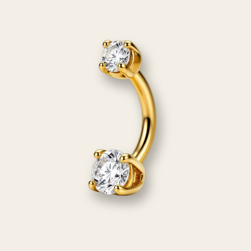 Gold belly button ring, double CZ curved barbell — PVD gold on titanium, Aurea