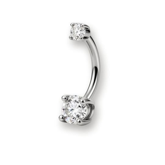 Titanium belly button ring, double CZ curved barbell, angle 1 — Aurea