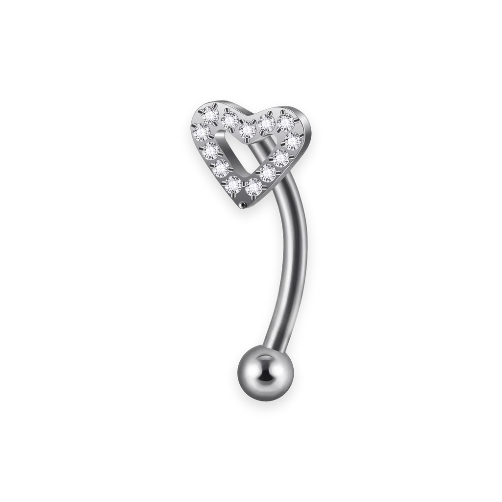 Silver titanium rook curved barbell, coeur ouvert cubic-zirconia top — 16G, nickel-free, Aurea