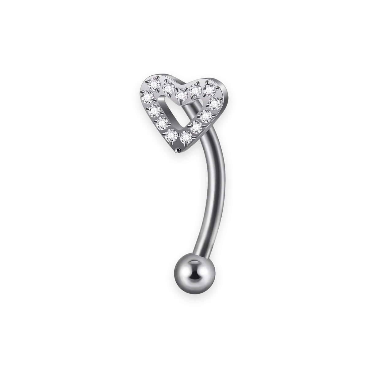 Silver titanium rook curved barbell, coeur ouvert cubic-zirconia top — 16G, nickel-free, Aurea