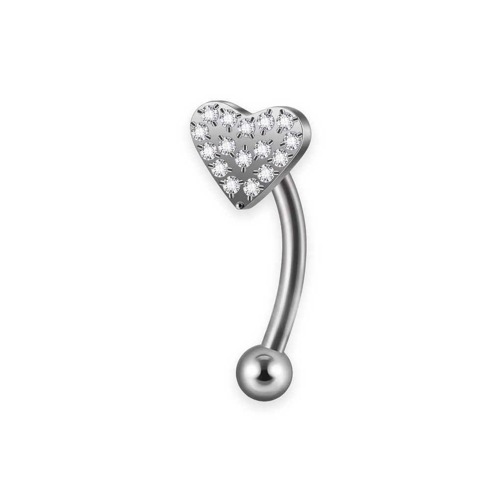 Silver titanium rook curved barbell, coeur pave cubic-zirconia top — 16G, nickel-free, Aurea