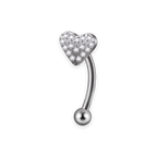 Silver titanium rook curved barbell, coeur pave cubic-zirconia top — 16G, nickel-free, Aurea