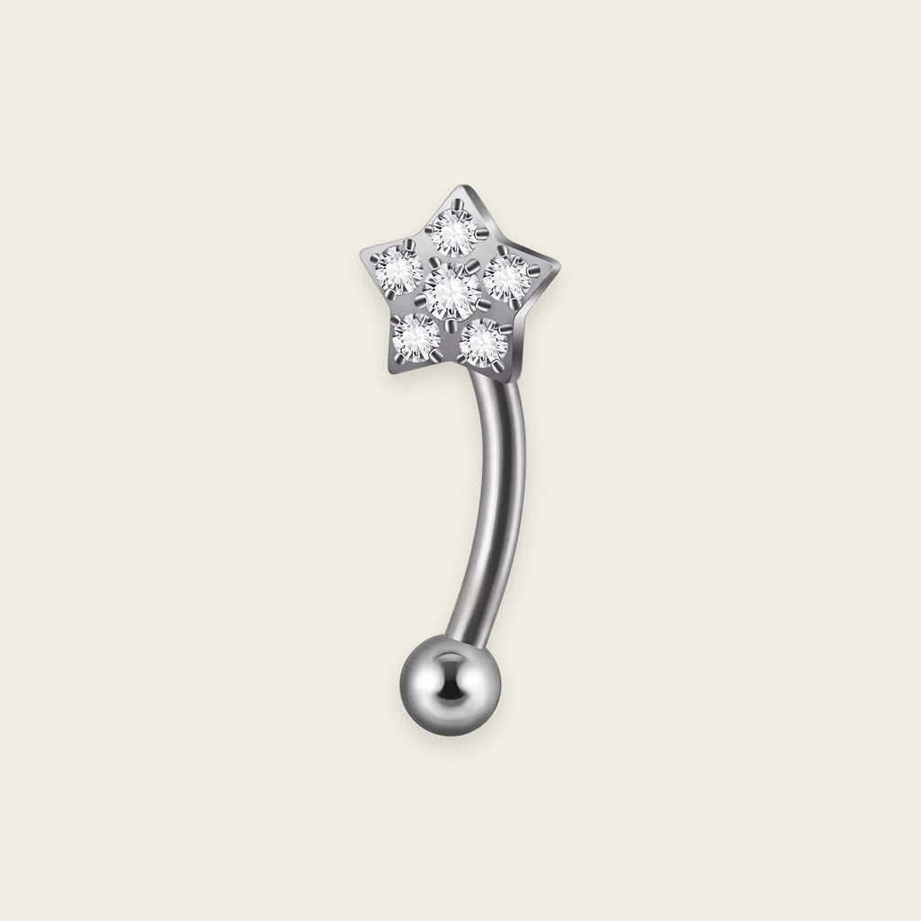Silver titanium rook curved barbell, etoile cubic-zirconia top — 16G, nickel-free, Aurea
