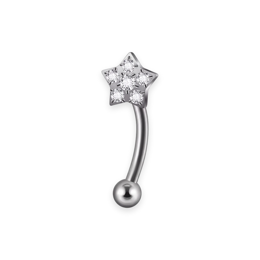 Silver titanium rook curved barbell, etoile cubic-zirconia top — 16G, nickel-free, Aurea