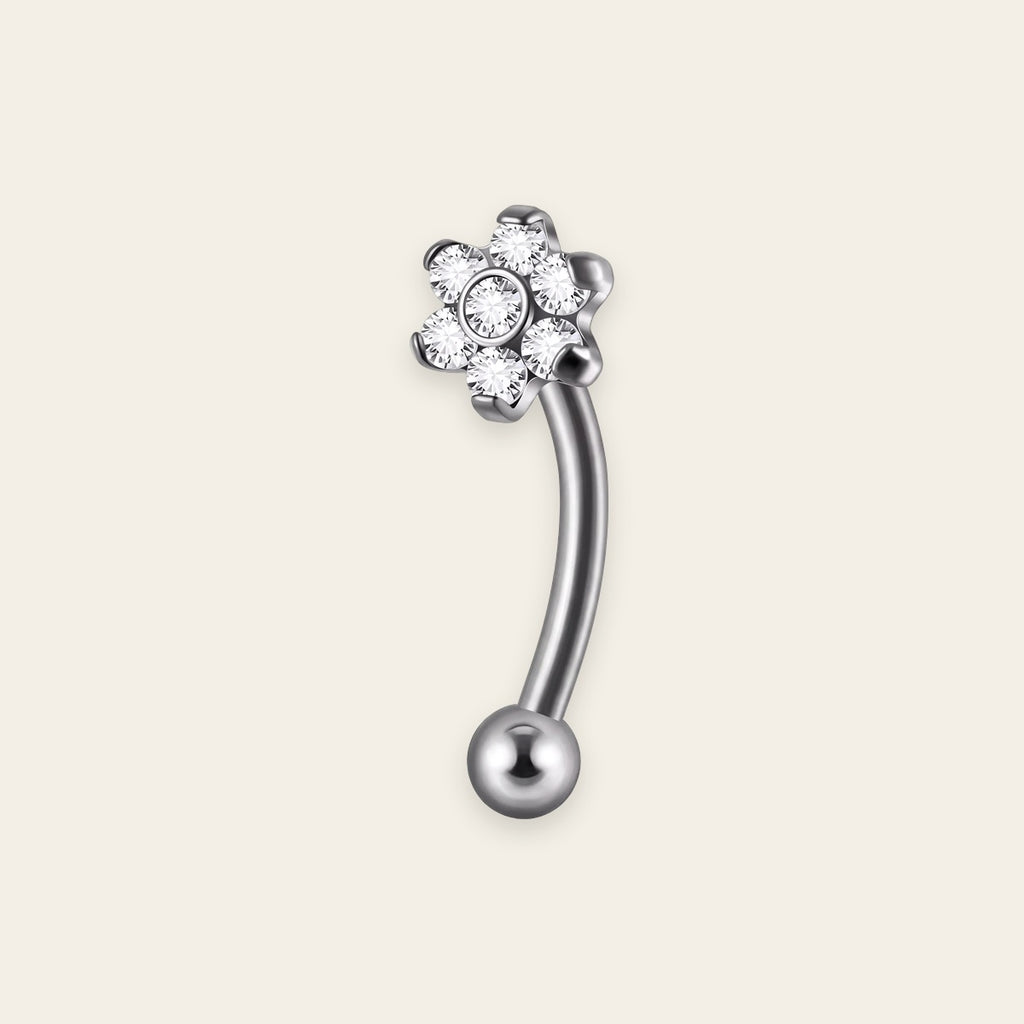 Silver titanium rook curved barbell, fleur cubic-zirconia top — 16G, nickel-free, Aurea