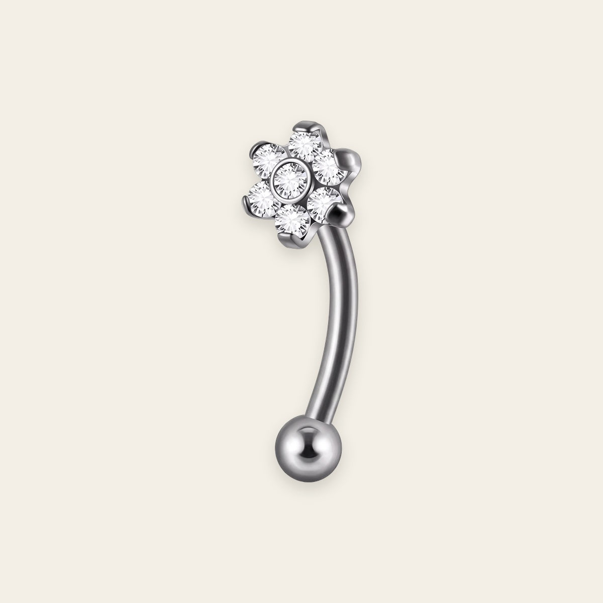Silver titanium rook curved barbell, fleur cubic-zirconia top — 16G, nickel-free, Aurea
