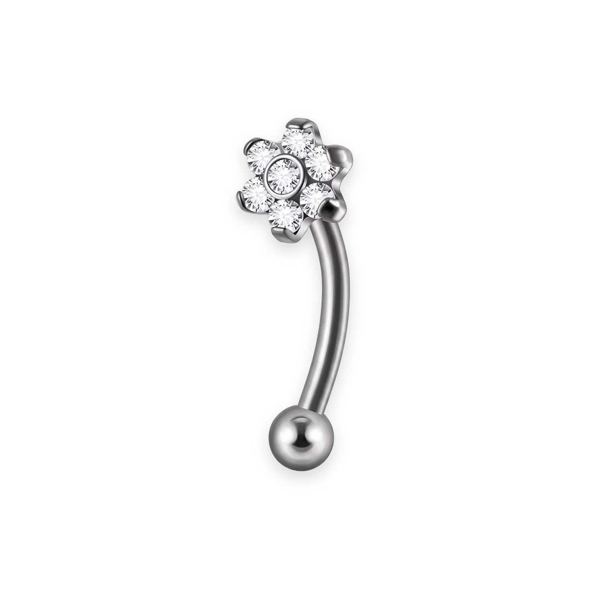Silver titanium rook curved barbell, fleur cubic-zirconia top — 16G, nickel-free, Aurea