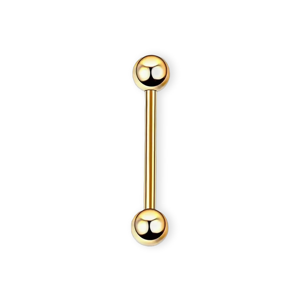 Gold PVD titanium tongue barbell, 14G straight bar with screw-on balls — nickel-free, Aurea