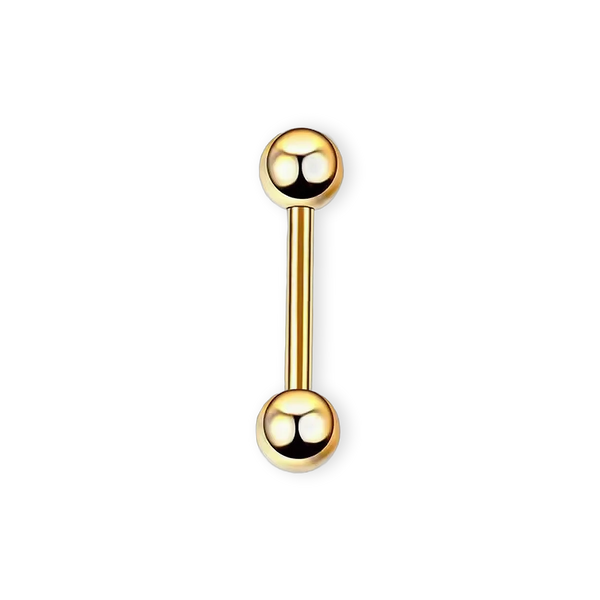 Gold PVD titanium nipple barbell, 14G straight bar with screw-on balls — nickel-free, Aurea