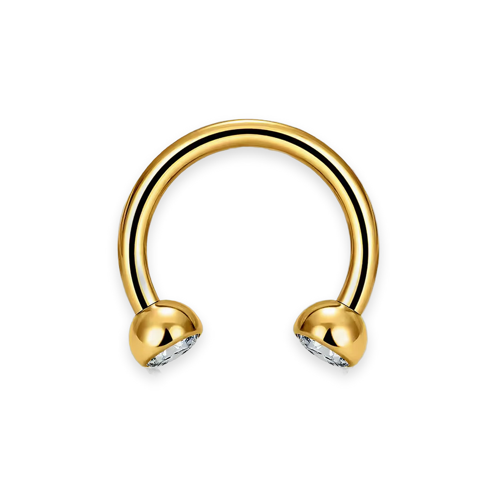 Gold PVD titanium septum horseshoe, ball-set cubic-zirconia ends — 16G open circular barbell, nickel-free, Aurea