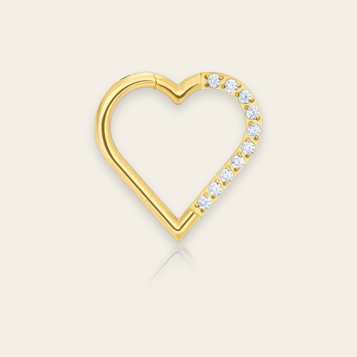 Gold PVD titanium daith heart clicker, cubic-zirconia pavé — right version, hinged 16G, nickel-free, Aurea