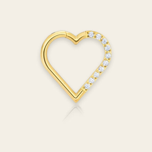 Gold PVD titanium daith heart clicker, cubic-zirconia pavé — right version, hinged 16G, nickel-free, Aurea