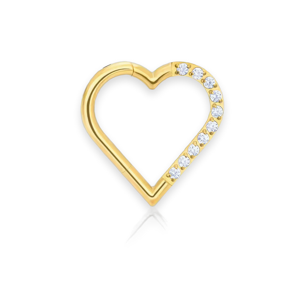 Gold PVD titanium daith heart clicker, cubic-zirconia pavé — right version, hinged 16G, nickel-free, Aurea