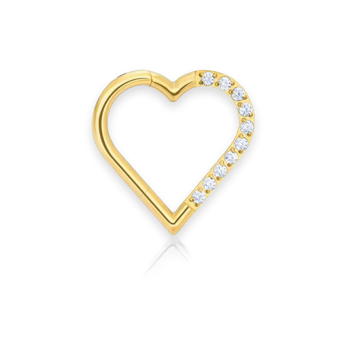 Gold PVD titanium daith heart clicker, cubic-zirconia pavé — right version, hinged 16G, nickel-free, Aurea