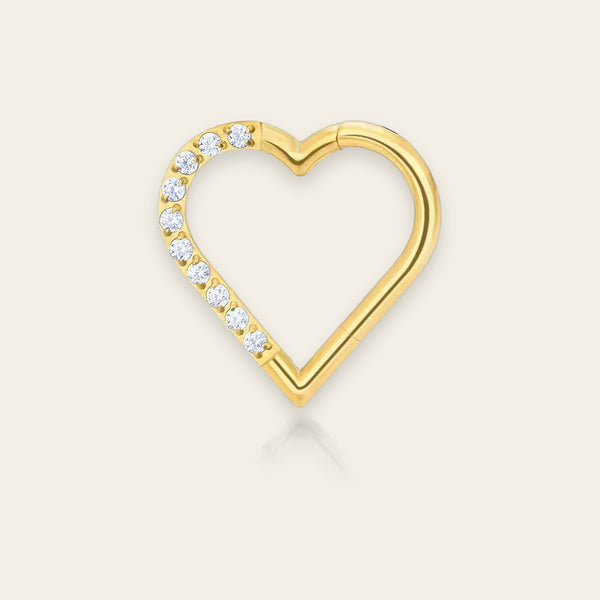 Gold PVD titanium daith heart clicker, cubic-zirconia pavé — left version, hinged 16G, nickel-free, Aurea