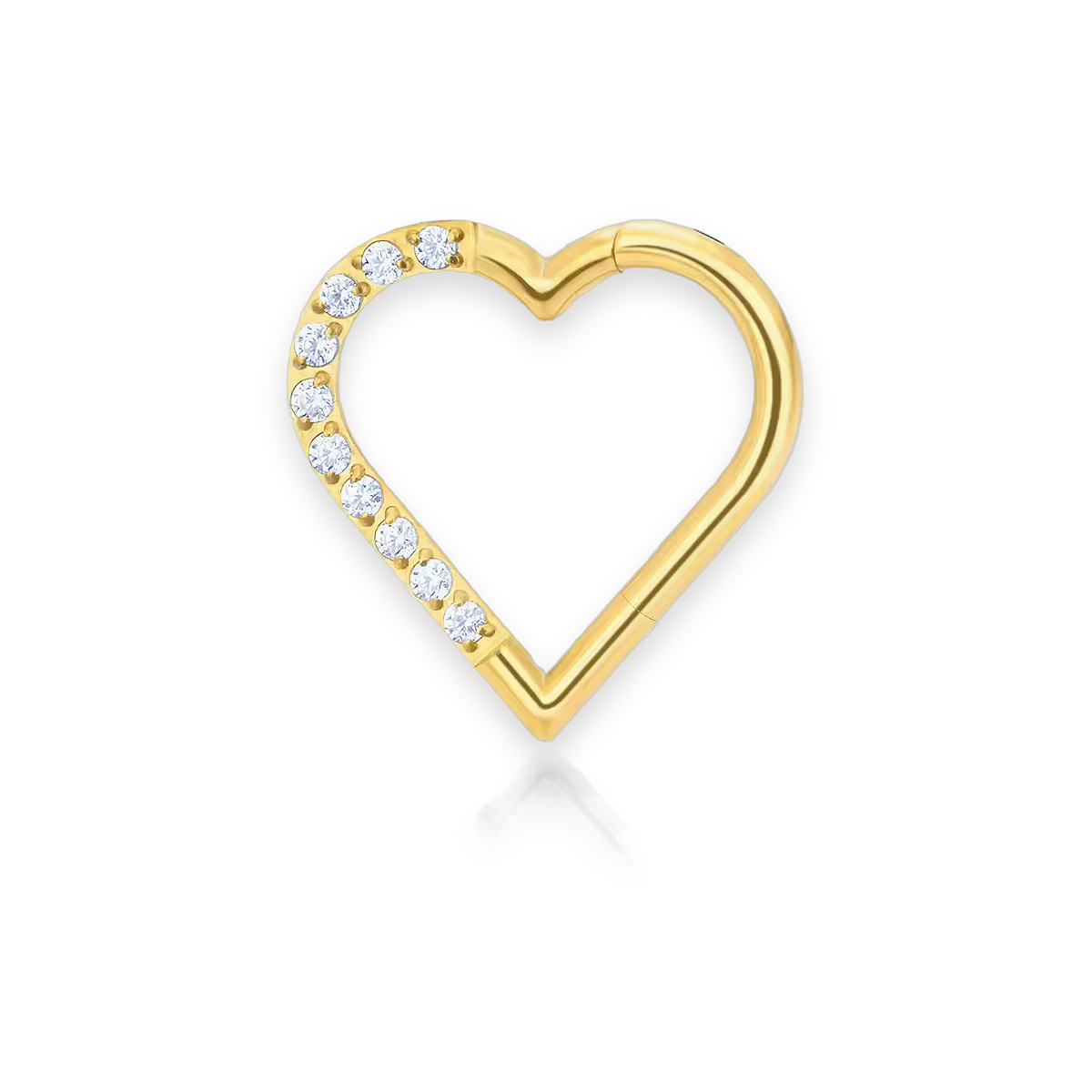 Gold PVD titanium daith heart clicker, cubic-zirconia pavé — left version, hinged 16G, nickel-free, Aurea
