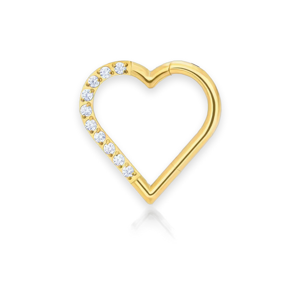Gold PVD titanium daith heart clicker, cubic-zirconia pavé — left version, hinged 16G, nickel-free, Aurea