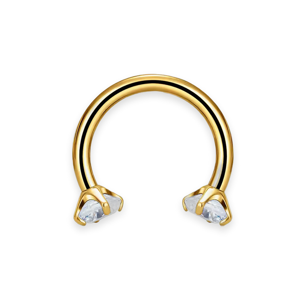 Gold PVD titanium septum horseshoe, prong-set cubic-zirconia ends — 16G open circular barbell, nickel-free, Aurea