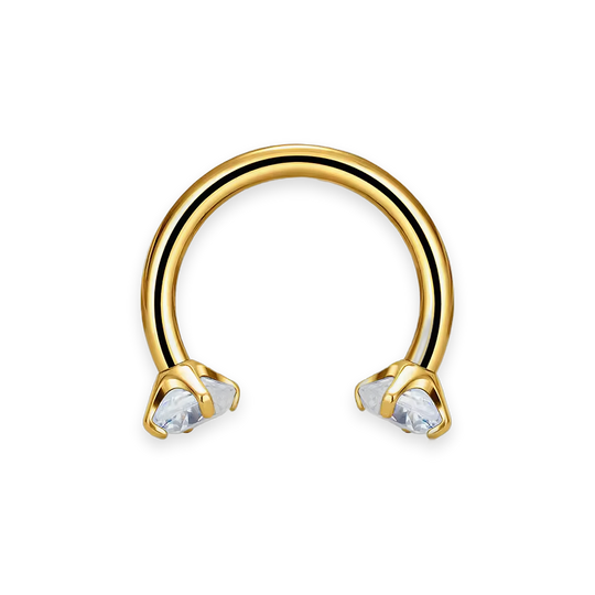 Gold PVD titanium septum horseshoe, prong-set cubic-zirconia ends — 16G open circular barbell, nickel-free, Aurea