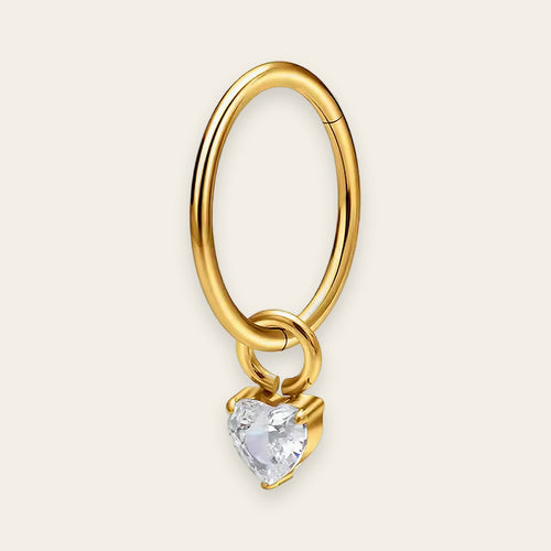 Gold PVD titanium cartilage hoop with heart cubic-zirconia charm — plain hinged clicker ring, nickel-free, Aurea