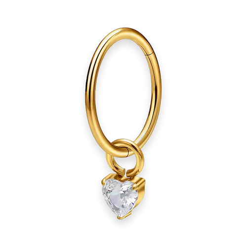 Gold PVD titanium cartilage hoop with heart cubic-zirconia charm — plain hinged clicker ring, nickel-free, Aurea