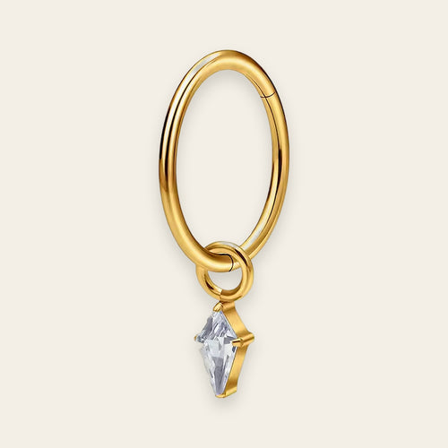 Gold PVD titanium cartilage hoop with kite cubic-zirconia charm — plain hinged clicker ring, nickel-free, Aurea