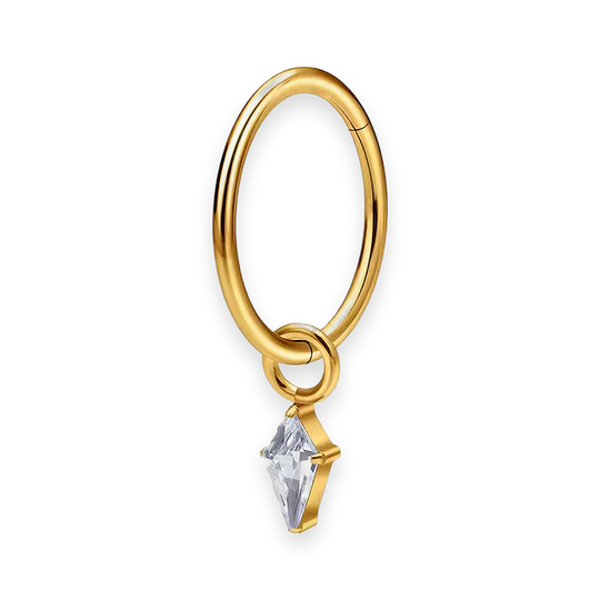 Gold PVD titanium cartilage hoop with kite cubic-zirconia charm — plain hinged clicker ring, nickel-free, Aurea