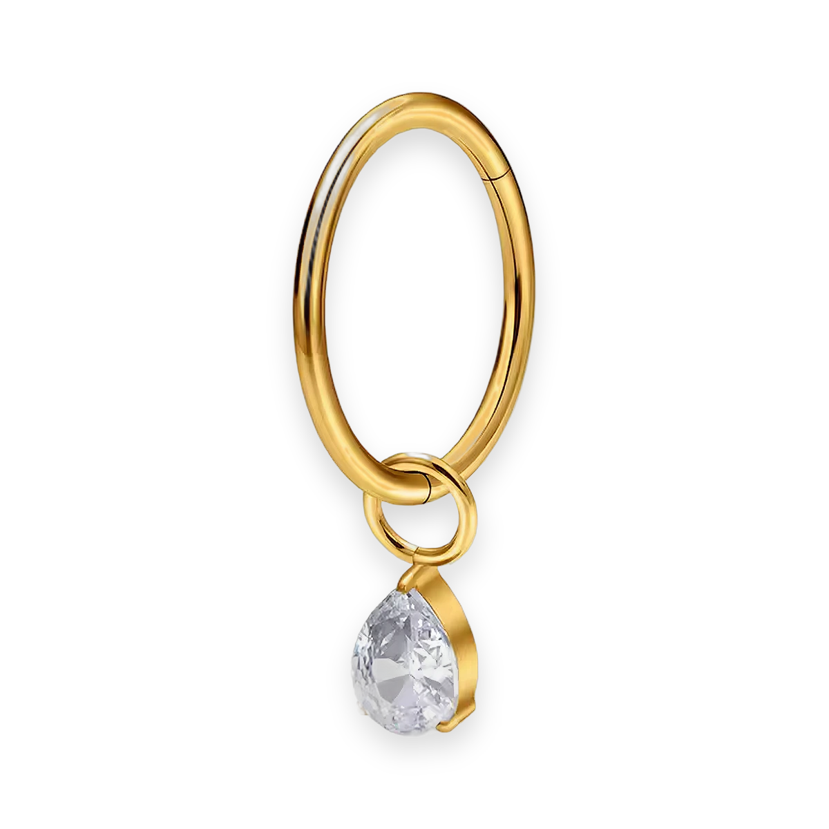 Gold PVD titanium cartilage hoop with pear cubic-zirconia charm — plain hinged clicker ring, nickel-free, Aurea