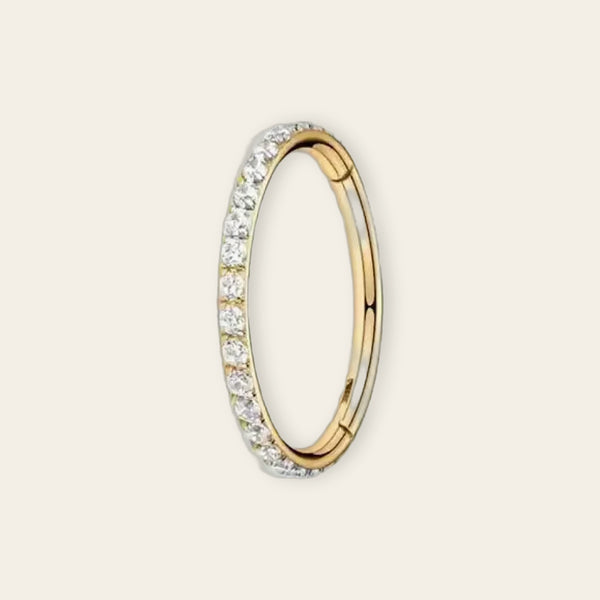 Gold PVD titanium pavé seamless ring, cubic-zirconia hinged hoop — 16G/18G, nickel-free, Aurea