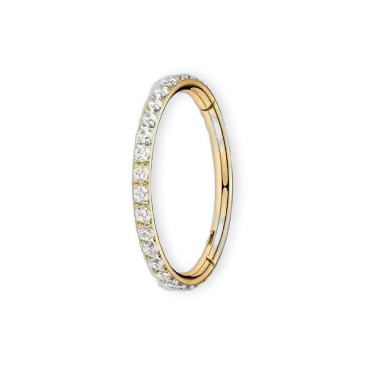 Gold PVD titanium pavé seamless ring, cubic-zirconia hinged hoop — 16G/18G, nickel-free, Aurea