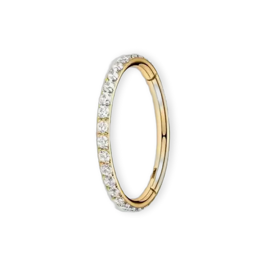 Gold PVD titanium pavé seamless ring, cubic-zirconia hinged hoop — 16G/18G, nickel-free, Aurea