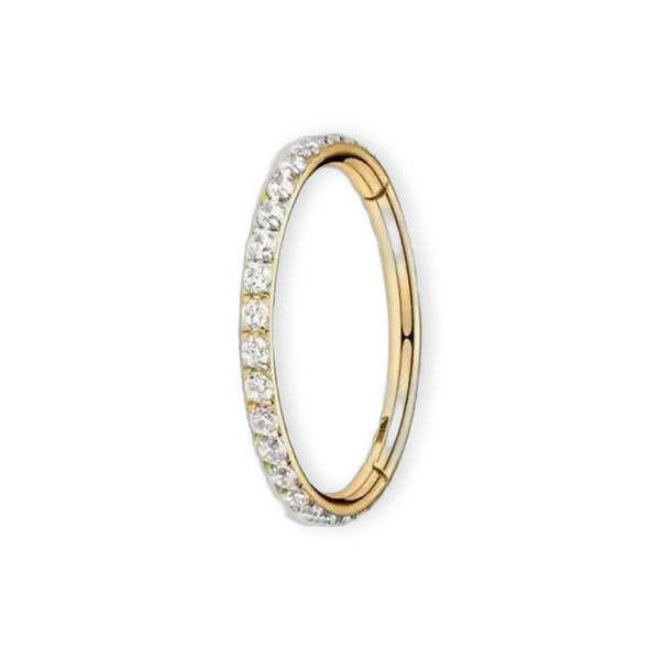 Gold PVD titanium pavé seamless ring, cubic-zirconia hinged hoop — 16G/18G, nickel-free, Aurea