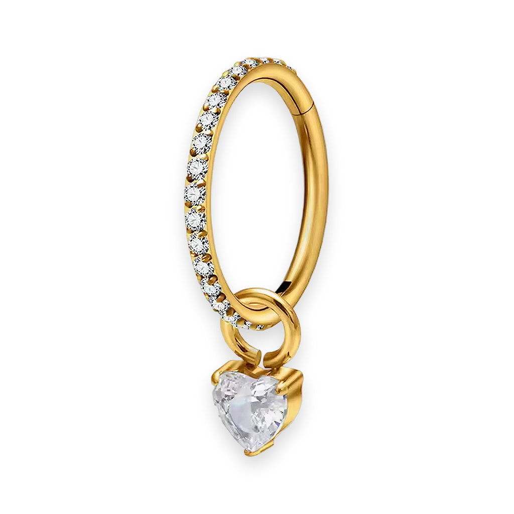 Gold PVD titanium cartilage hoop with heart cubic-zirconia charm — crystal-pavé hinged clicker ring, nickel-free, Aurea