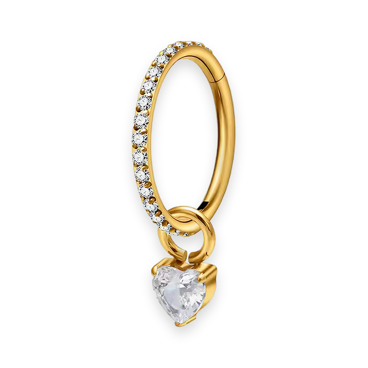 Gold PVD titanium cartilage hoop with heart cubic-zirconia charm — crystal-pavé hinged clicker ring, nickel-free, Aurea
