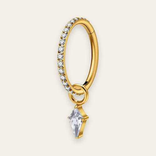 Gold PVD titanium cartilage hoop with kite cubic-zirconia charm — crystal-pavé hinged clicker ring, nickel-free, Aurea