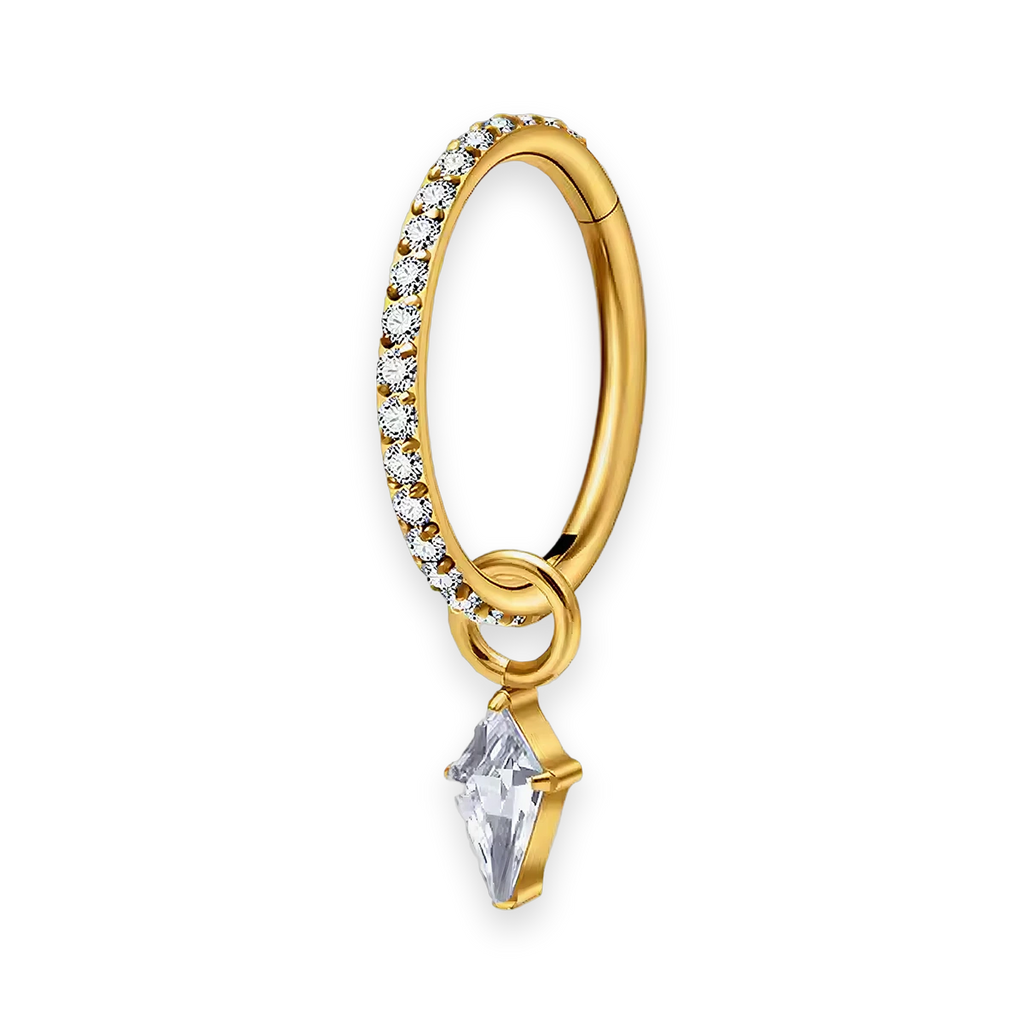 Gold PVD titanium cartilage hoop with kite cubic-zirconia charm — crystal-pavé hinged clicker ring, nickel-free, Aurea
