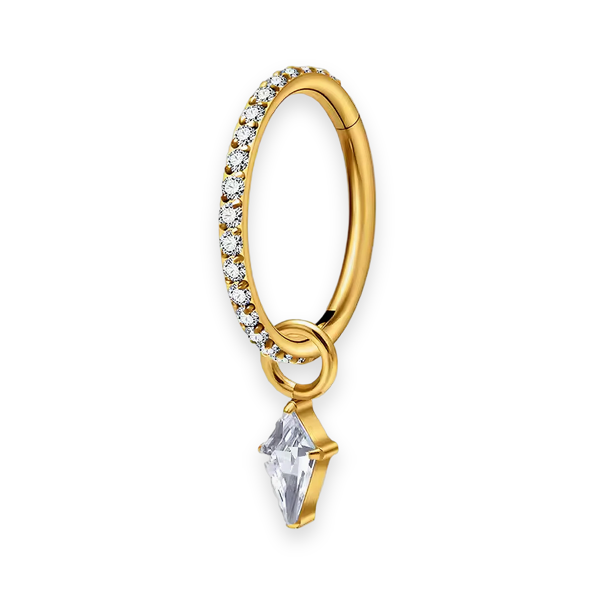 Gold PVD titanium cartilage hoop with kite cubic-zirconia charm — crystal-pavé hinged clicker ring, nickel-free, Aurea