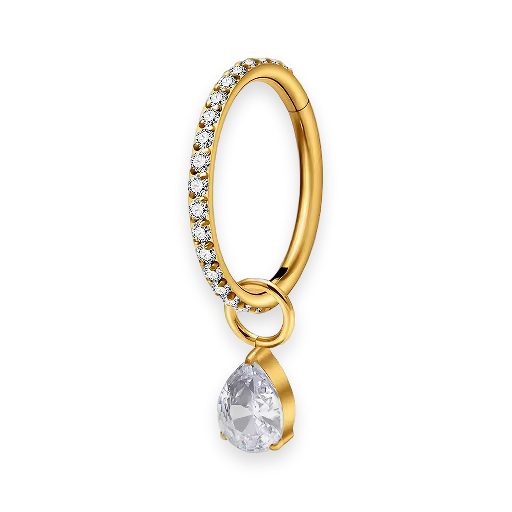 Gold PVD titanium cartilage hoop with pear cubic-zirconia charm — crystal-pavé hinged clicker ring, nickel-free, Aurea