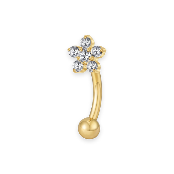 Gold PVD titanium rook curved barbell, cubic-zirconia flower top — 16G, nickel-free, Aurea