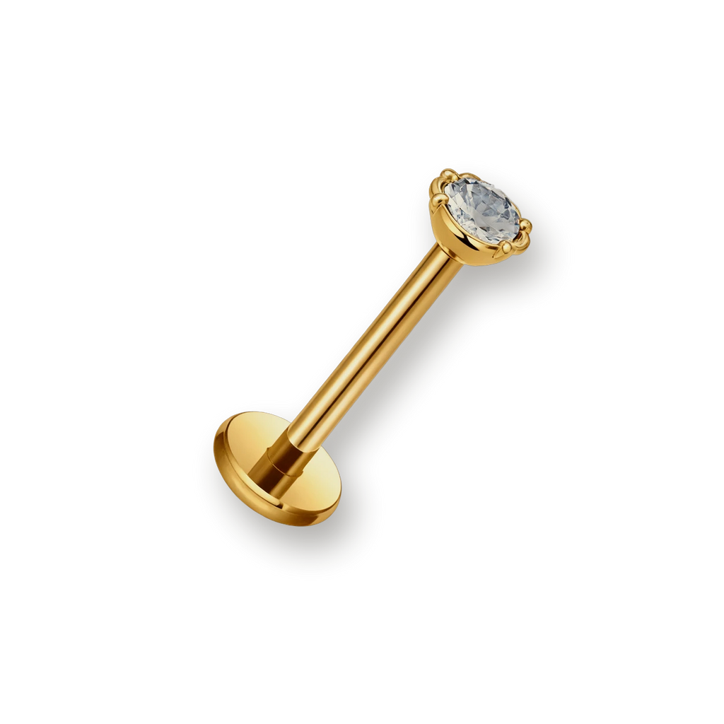 Labret or cristal serti clos — titane doré finition or PVD, hypoallergénique sans nickel, pour hélix tragus lèvre
