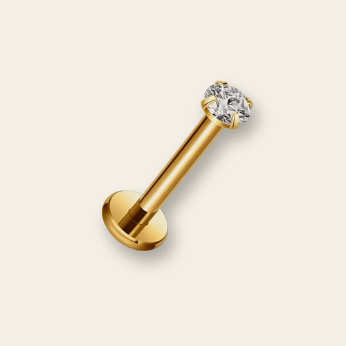 Labret or cristal serti griffes — titane doré finition or PVD, hypoallergénique sans nickel, pour hélix tragus lèvre
