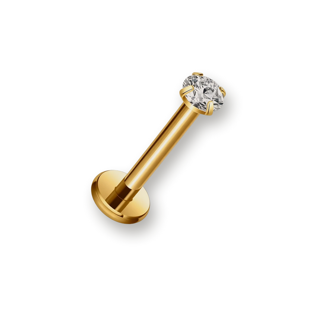 Labret or cristal serti griffes — titane doré finition or PVD, hypoallergénique sans nickel, pour hélix tragus lèvre
