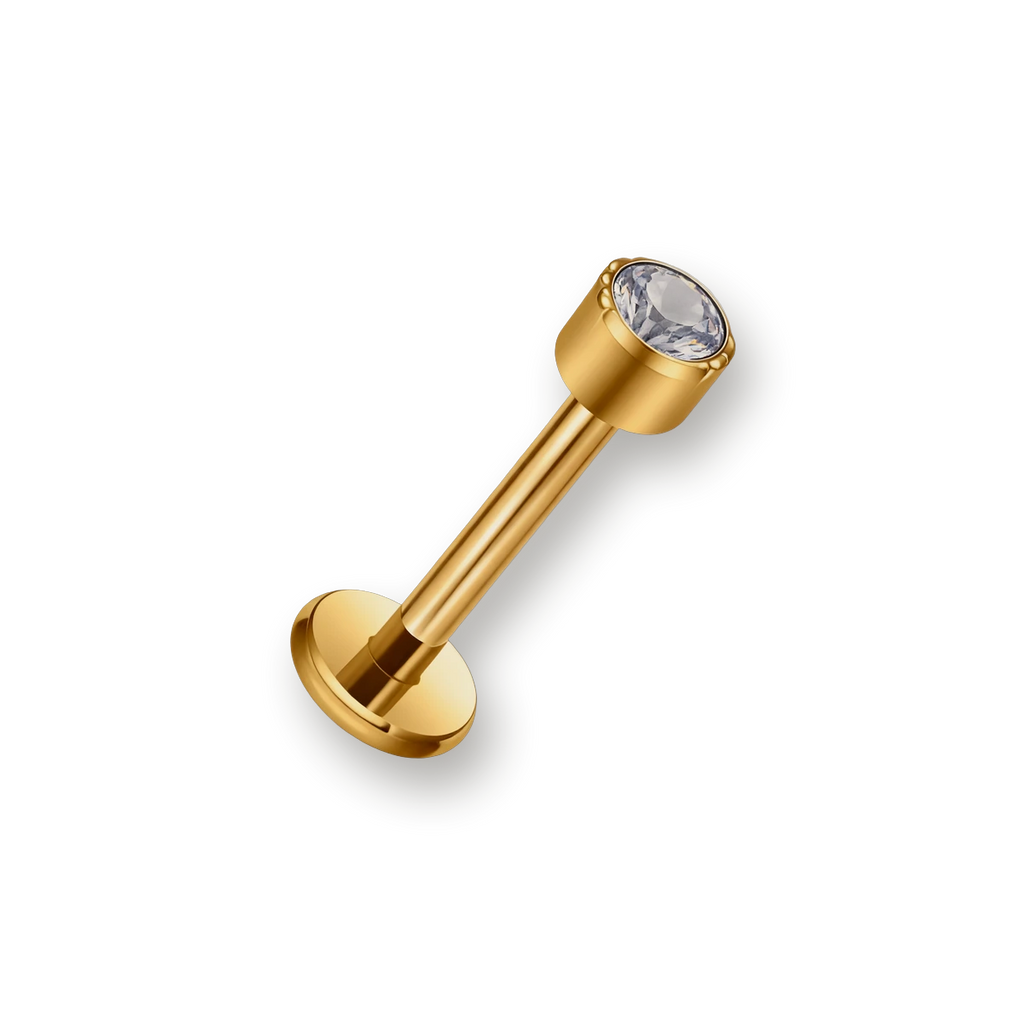 Labret or cristal serti haut — titane doré finition or PVD, hypoallergénique sans nickel, pour hélix tragus lèvre